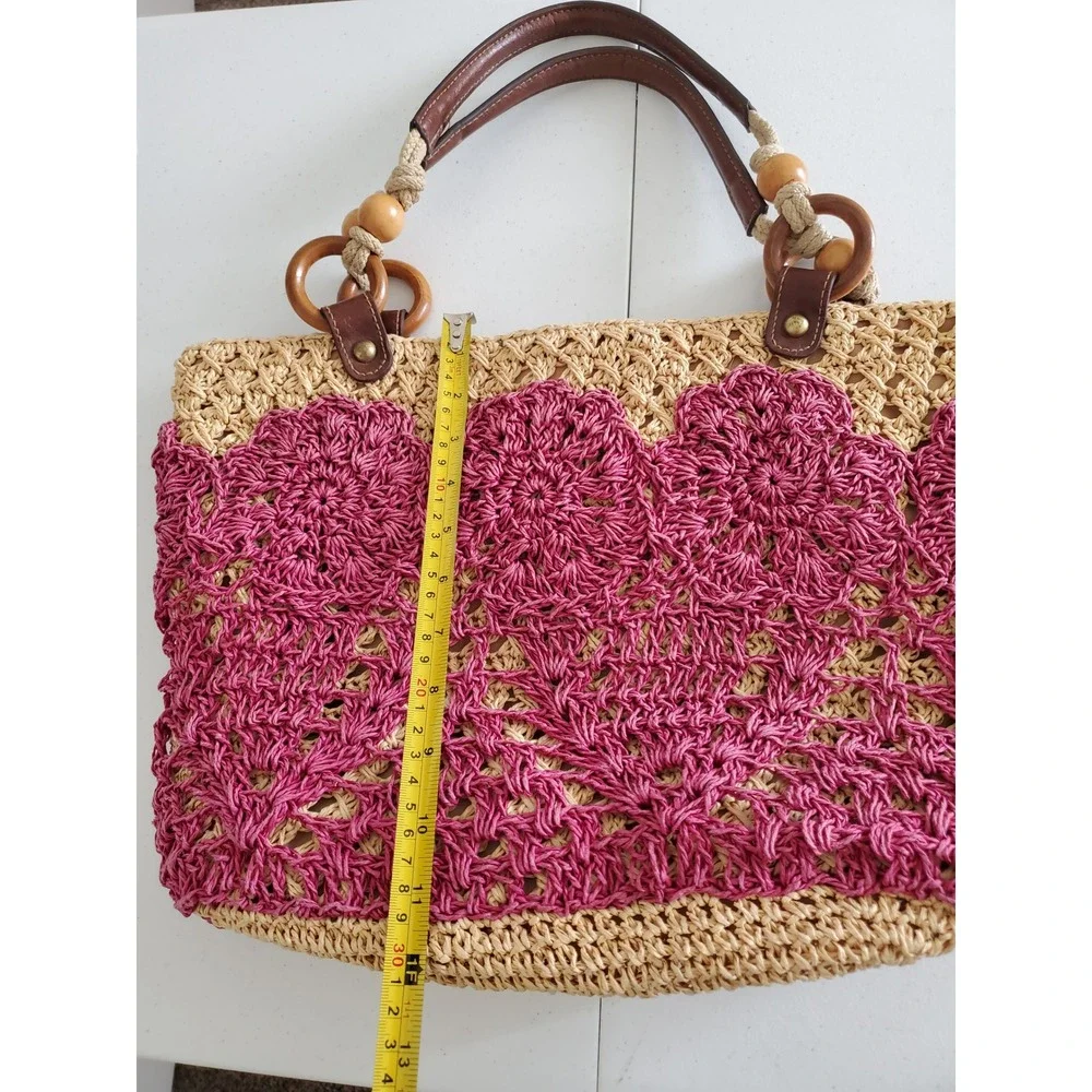 Fossil Straw Crochet Tote Shoulder‎ Bag Pink Beige Wood Beaded Boho Vacation